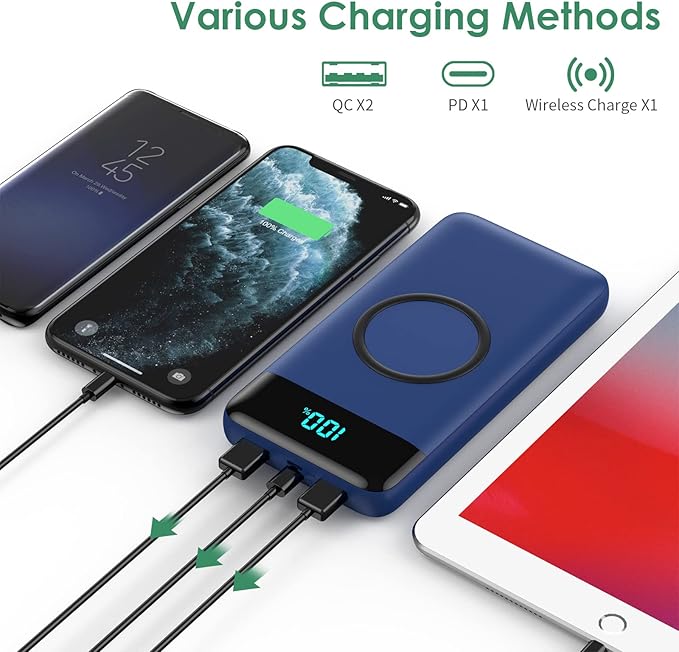 Wireless Portable Charger 30,800mAh,15W Wireless Charging USB C Power Bank,25W PD QC 4.0 Fast Charging 4 Outputs Travel Essentials Battery Pack Compatible with iPhone 17/16/15/14,Galaxy,Android-Blue