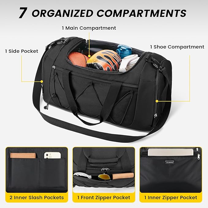 Vorspack Gym Bag for Men - 21 Inches Duffle Bag for Travel Lightweight Duffel Bag with Shoe Compartment Personal Item Travel Bag Weekender Bag for Travel Sports Gym - Black