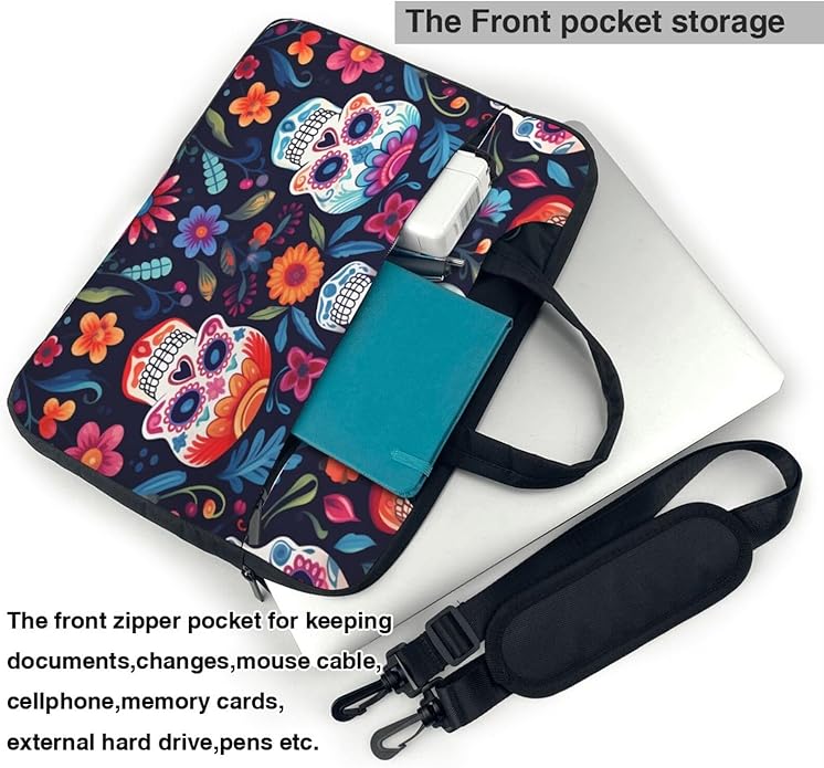Laptop Bag Case Colorful Sugar Skull Flower Computer Messenger Shoulder Bag Laptop Sleeve Briefcase