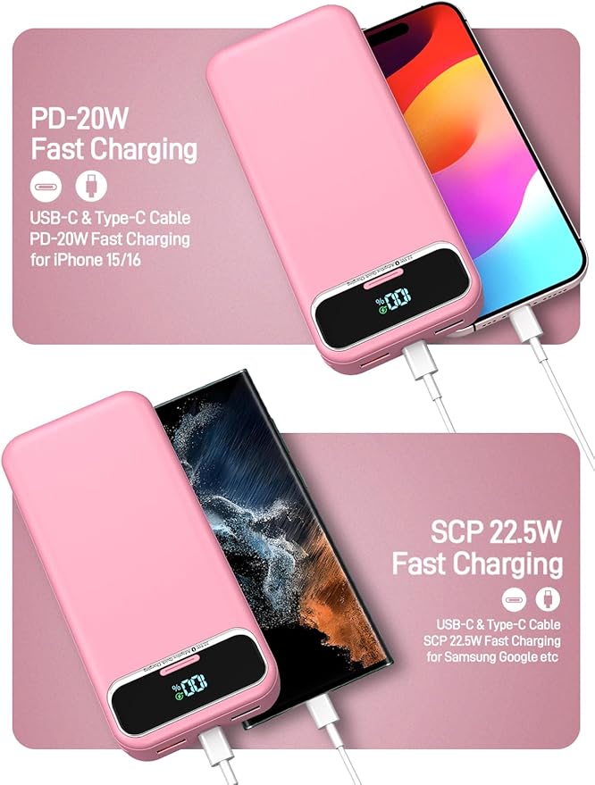 Portable Charger, 20000mAh 22.5W Fast Charging Power Bank with Built-in Cables & Wall Plug, Travel Essential External Battery Pack with LED Display, USB C Battery Phone Charger for iPhone Samsung Pink