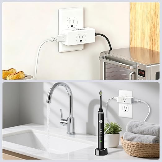 3 Outlet Extender, 3 Way Plug Adapter, 3 Outlet Adapter, 3 Way Wall Outlet Splitter, for Small Multiple Wall Plug Expander Cruise Ship Home Office Dorm, White, 2 Pack