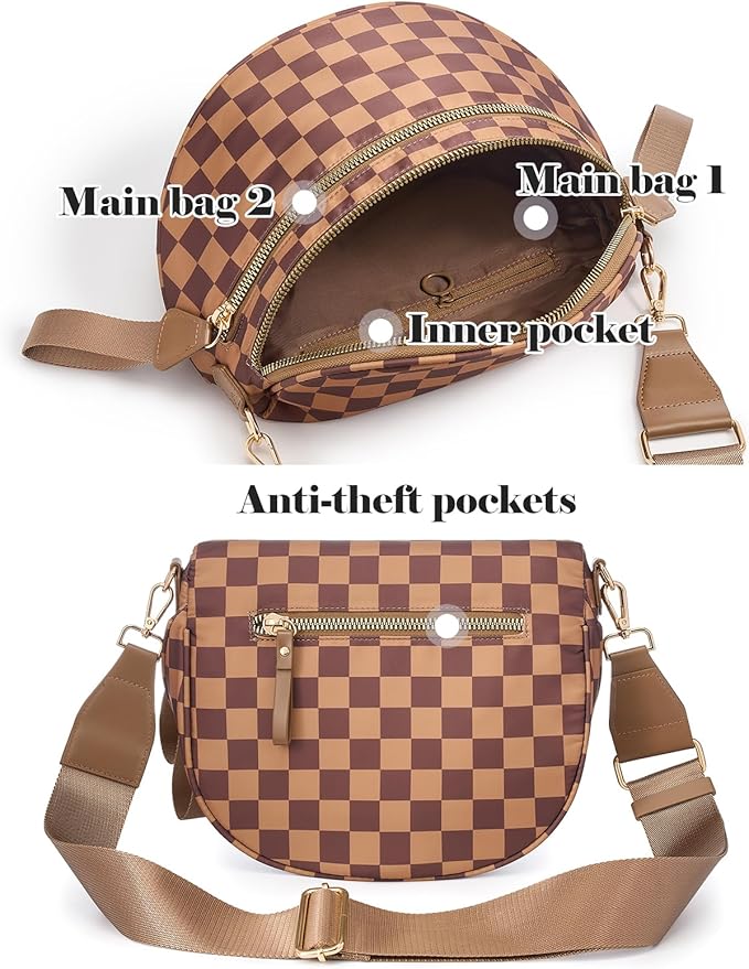 Black and White Checkered Crossbody Bag Bum Bag for Women,Spacious Checkered Purse Fanny Packs Belt Bag