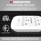 Monster 5000W Surge Protector Power Strip, 6 Outlets, 120V, 300 Joules Surge Protection, Safe, Reliable Outlet Extender, White