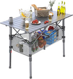 Portable Camping Table with Adjustable Height Legs, Lightweight Aluminum Roll-up beach tables for sand foldable，Folding Picnic Table Large Storage Basket for Outdoor camping (Black, Medium 37")