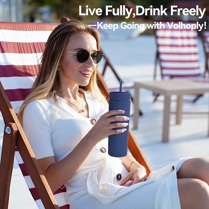 Volhoply 20oz Tumbler with Lid and Straw 8 Pack,Double Wall Plastic Skinny Tumblers Bulk,Reusable Travel Cute Coffee Mug,BPA Free Matte Acrylic Water Cups With Straw for Party,DIY Gifts(Navy, 8 Set)