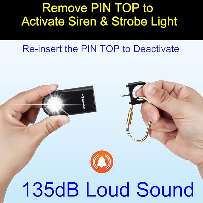 135dB Rechargeable Personal Safety Alarm Strobe Light Flashlight Keychain Siren for Women, Girls, College, School Students Emergency SOS Alerts Loud Sound Hiking Alarm Torchlight Bear Deterrent. Black