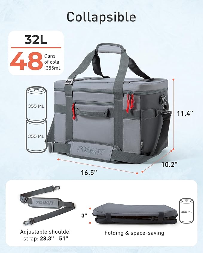 TOURIT Soft Sided Cooler Bag Insulated 30/48/60 Cans, Large Collapsible & Leakproof Ice Chest for Picnic, Beach, Camping, Travel