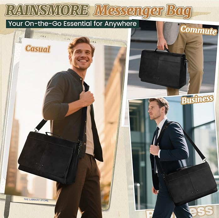 RAINSMORE Vintage Flap Messenger Bag for Men PU Leather Laptop Bag 15.6 Inch Mens Briefcase Waterproof Satchel Computer Bag