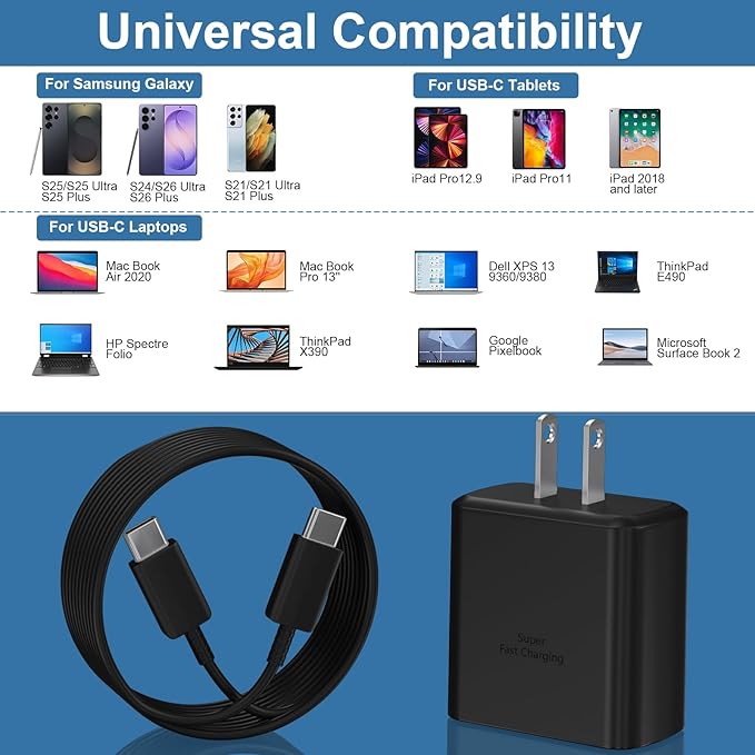 45W USB-C Super Fast Charger Type C Android Phone Charging Block with 10FT Cable for Samsung Galaxy S26 S25 S24 S23 Ultra/S26 S25 S24 S23 S22 S21 S20/Note 10/20, Galaxy Tab S8