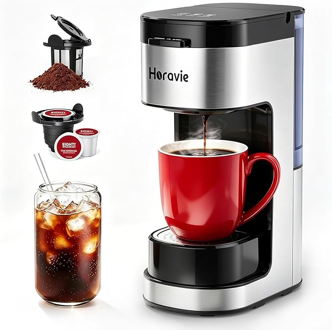 Horavie Single Serve Coffee Maker, Hot and Iced Coffee Maker for K Cup and Ground, 6 to 14 Oz Brew Sizes Single Cup Coffee Maker with Descaling Alert, Ideal for Home, Travel, RV and Dorm,Black
