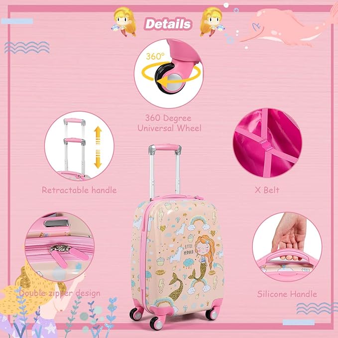 GYMAX 2Pc Kid Carry On Luggage Set, 12" & 18" Kids Suitcase with 4 Spinner Wheels, Travel Rolling Trolley