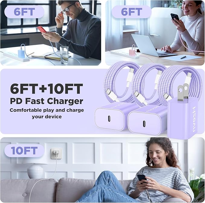 20W USB C Fast Charging for iPhone 17 Air/16/15 Pro Max,3Pack Colorful Mixed Charger Block with Braided Long USB C to C Cables (6/6/10ft) Compatible with iPhone16/15 Pro/15 Plus/iPad Pro