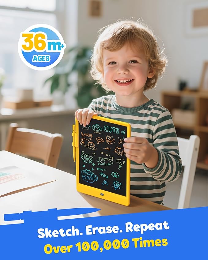 TEKFUN LCD Writing Tablet for Kids, 10-inch Coloring Drawing Pad, Mess Free Doodle Board, Airplane Travel Toys for Boys and Toddlers, Road Trip Essentials, Gifts for 3 4 5 6 7 8 Year Old Girls(Yellow)