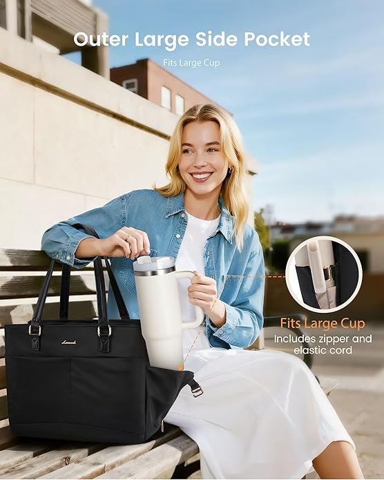 LOVEVOOK Laptop Tote Bag for Women with 3 Separate Pocket Work Bag with Large Cup Holder Computer Briefcase for Teacher Nurse