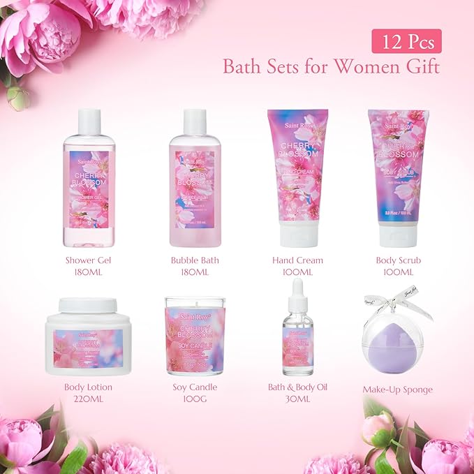 Mothers Day Gifts for Women, 13Pcs Bath & Body Gift Set Basket for Women, Cherry Blossom Bath and Body Gift, spa kit, Self Care Pampering Kit, Diffuser, Home Spa, cosmetic Bag, Birthday, Bridal Shower