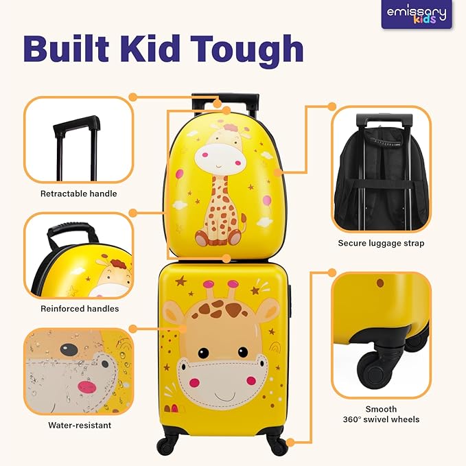 emissary Kids Luggage with Wheels, Hardside Toddler Carry On Suitcase Set, Lightweight Rolling Travel Bag for Boys and Girls, Airline Approved Travel Gifts - Yellow Giraffe