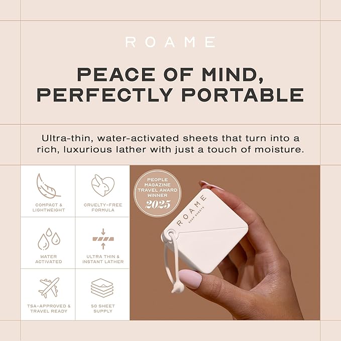 Roame Portable Soap Sheets for Traveling, Ultra-Thin Soap for Hand Hygiene, Dissolvable, Water-Activated & Compact, Cruelty-Free, Use in Travel Kits, Camping Essentials & On-the-Go Use, 50 Pack