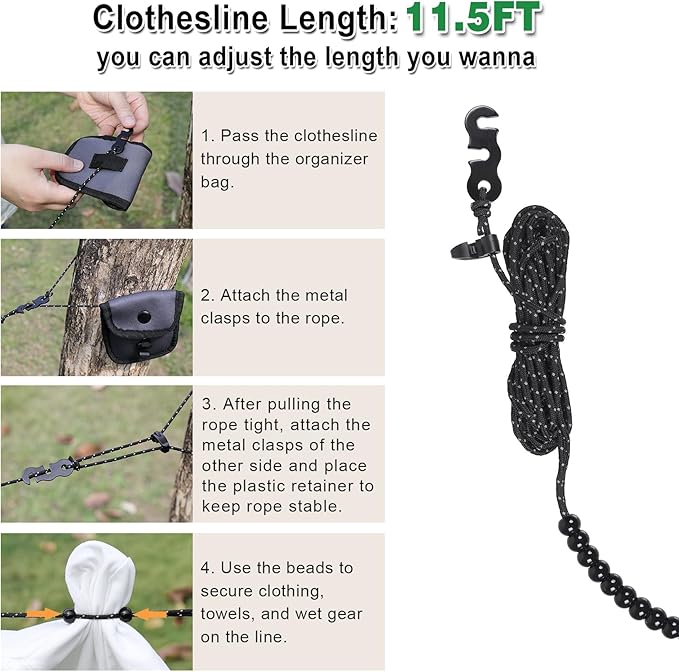 EXVITAL Portable Travel Clothesline Lightweight Camping Clothes Line with 24 Beads for Indoor Hotels Backyard, Outdoor Cruise Ships, RVs, Tents, 11.5 Feet