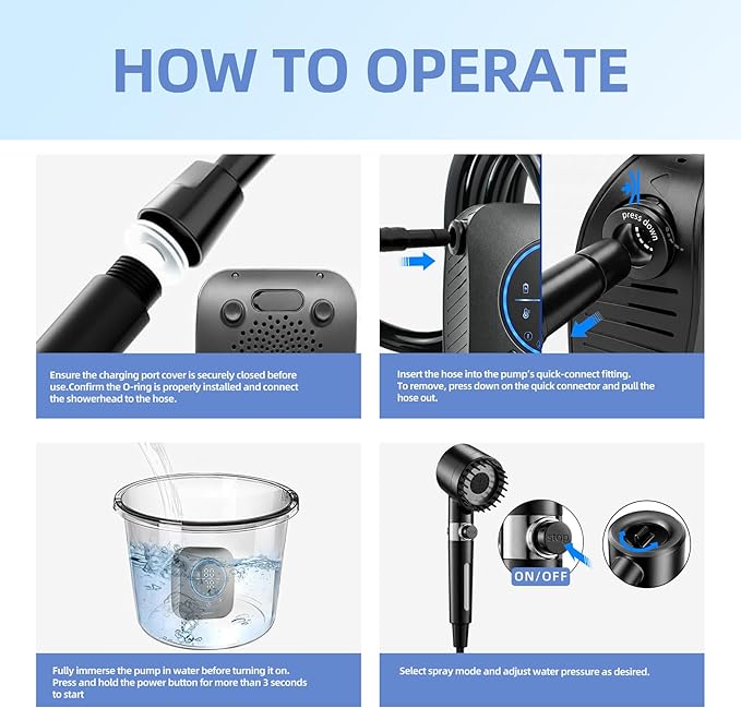 Portable Shower for Camping, Filtered Camping Shower, IPX8 Waterproof，6000mAh Rechargeable Outdoor Camp Shower Pump with LED Display, 4 Spray Modes for Hiking, Travel, Pet