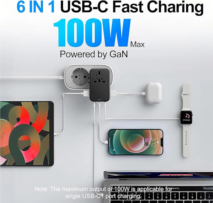JMFONE Universal Travel Adapter with GaN 100W,International Power Plug Adapter 5 Port [4*USB C+1*USB A] and Multi 2500W AC Sockets, All-in-one Travel Outlet Plugs for 200+ Countries