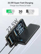Portable Charger, 10000mAh 22.5W Fast Charging Power Bank with 4 Built-in Cables, Travel Essentials Battery Pack with LED Display, 6 Outputs Charging Bank Compatible with iPhone, iPad, Samsung Black