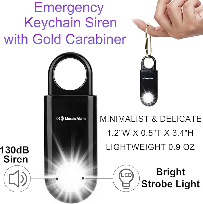 130dB Personal Safety Alarm Ultra Bright Strobe Light. Loud Sound Keychain Siren for Women, Children, Night Runners, Hiking. Bear Alarm Deterrent. SOS Emergency Self Defense Alerts. Black