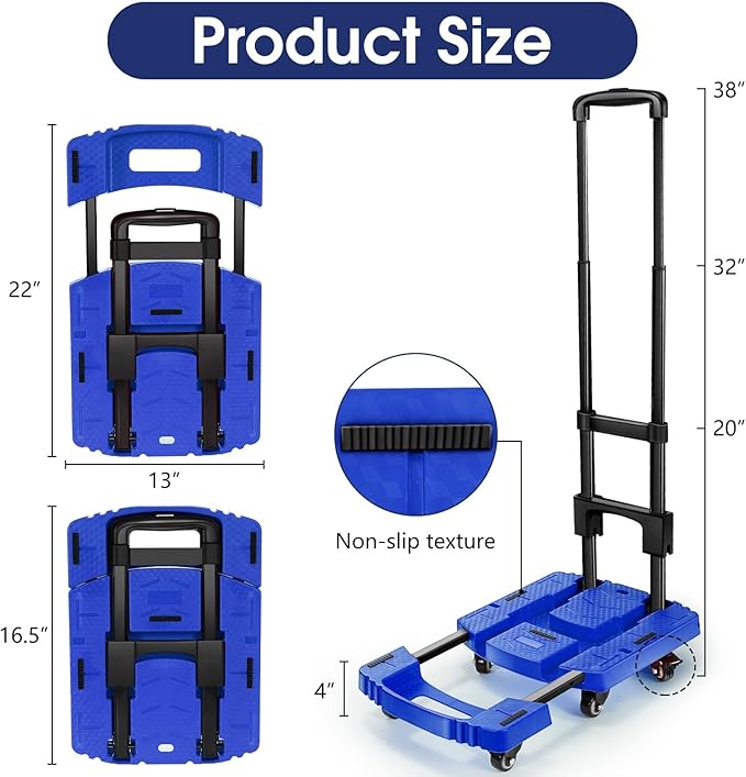 Folding Hand Truck with 6 Wheels and Elastic Ropes - Portable Heavy Duty Dolly Cart for Travel and Moving