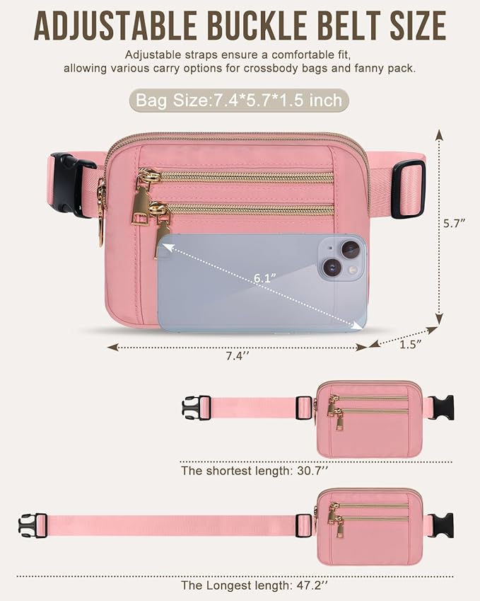 Capolo Fanny Packs for Women Fashion Waist Packs Bag with Adjustable Strap and 4 Zipper Pockets Waterproof Everywhere Crossbody Belt Bag for Workout Running Travelling(Pink)