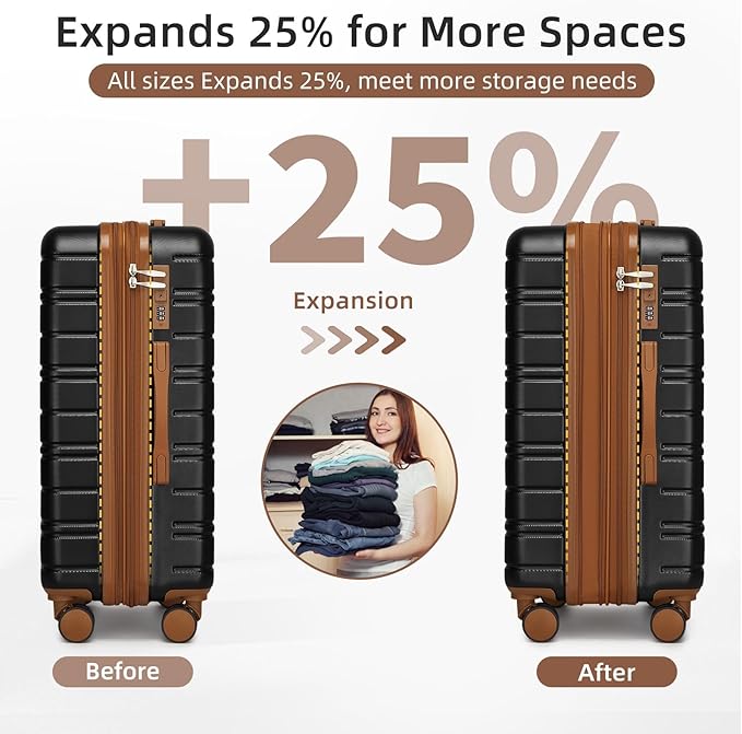 6 Piece Luggage Sets with Bags, Lightweight Expandable Checked Luggage Sets, Hardshell ABS Spinner Wheels Carry on Suitcase with TSA Lock, for Travel, Women Men (Black Brown, 18/20/24/28inch+2bags)