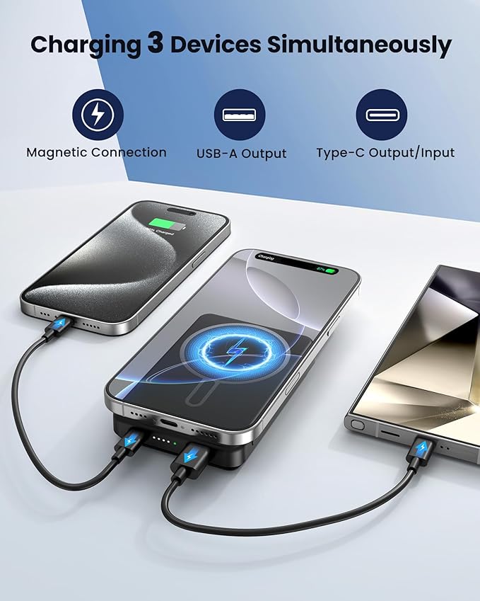 for Magsafe Battery Pack, 12000mAh Magnetic Portable Charger Power Bank PD 22.5W Fast Charging, USB C in & Out Wireless Battery Pack Phone Charger for iPhone 16/15/14/13/12 All Series