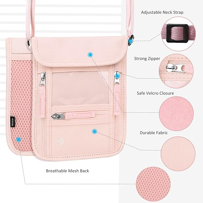WALNEW Passport Holder Neck Pouch Travel Wallet for Women and Men, RFID Blocking Security Slim Traveling Wallet with Around Neck Lanyard Strap, Pink