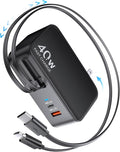 Retractable USB C Charger Wall Plug with 35.5in/90cm Type C Cables Cords,40W Fast Charging Foldable Block Multi Charger for All Devices for iPhone 17/16/15/14/13/12,iPad,Galaxy,Pixel