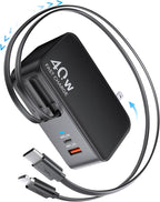 Retractable USB C Charger Wall Plug with 35.5in/90cm Type C Cables Cords,40W Fast Charging Foldable Block Multi Charger for All Devices for iPhone 17/16/15/14/13/12,iPad,Galaxy,Pixel