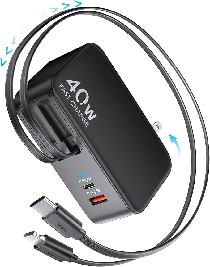 Retractable USB C Charger Wall Plug with 35.5in/90cm Type C Cables Cords,40W Fast Charging Foldable Block Multi Charger for All Devices for iPhone 17/16/15/14/13/12,iPad,Galaxy,Pixel