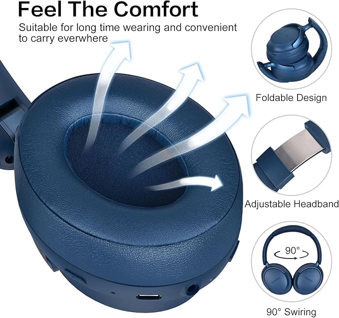B8 Bluetooth Headphones Over Ear, 6 EQ Music Modes and 50H Playtime Deep Bass Wireless Headphones with Mic, Lightweight Folding HiFi Stereo Headset for iPad/Travel/Tablet/PC/Home Blue