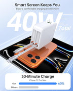 Retractable USB Charger Wall Plug with Type C Cables Cords,40W Fast Charging Foldable Block Multi Charger,4-in-1 Travel Essentials Brick Multiport for iPhone 17/16/15/14/13/12,iPad,Galaxy,LG,Pixel