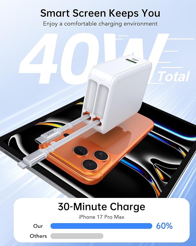 Retractable USB Charger Wall Plug with Type C Cables Cords,40W Fast Charging Foldable Block Multi Charger,4-in-1 Travel Essentials Brick Multiport for iPhone 17/16/15/14/13/12,iPad,Galaxy,LG,Pixel