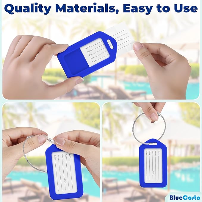 BlueCosto - Luggage Tags - Blue, 50 Pack - Suitcase Tags with Name ID Card & Heavy-Duty Metal Wire Loops - Bright Colored PVC Identifiers for Travel Baggage - Backpack Name Labels