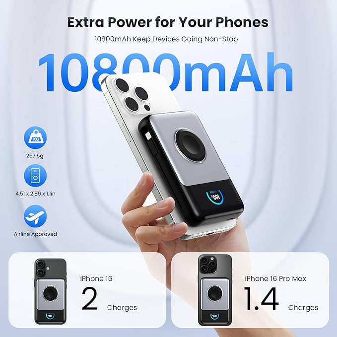 Magnetic Portable Charger 10800mAh with Built-in Cables, 15W Wireless Power Bank for Magsafe,30W PD Fast Charging USB-C Travel Essential Battery Pack for iPhone 17/16/15/14/13/12 Series