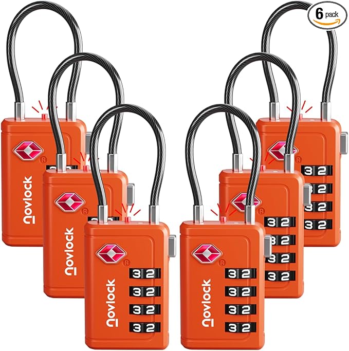 Luggage Locks TSA Approved with Inspection Indicator and Resettable 4-Digit, Easy-to-Read Combination, TSA Locks for Luggage, Suitcases, Backpacks & Travel Bags, Orange, 6-Pack