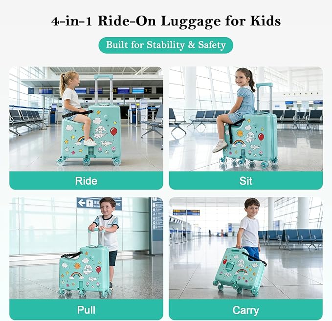 Ride-On Suitcase for Kids Carry On Luggage, Hard Shell Kids Travel Suitcase with 6 Spinner Wheels, TSA Lock, Safety Belt, Foldable Pedal & Cup Holder, Kids Riding Luggage, Green