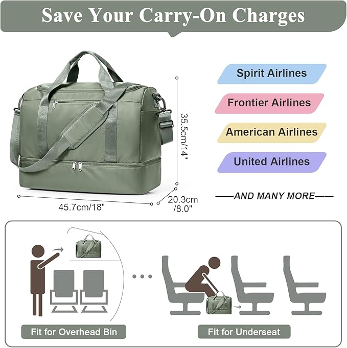 Travel Duffel Bag for Women, Carry-on Overnight Weekender Bags with Wet Pocket & Toiletry Bag, For Spirit Airlines 18x14x8 Personal Item Bag,Small,Olive Green