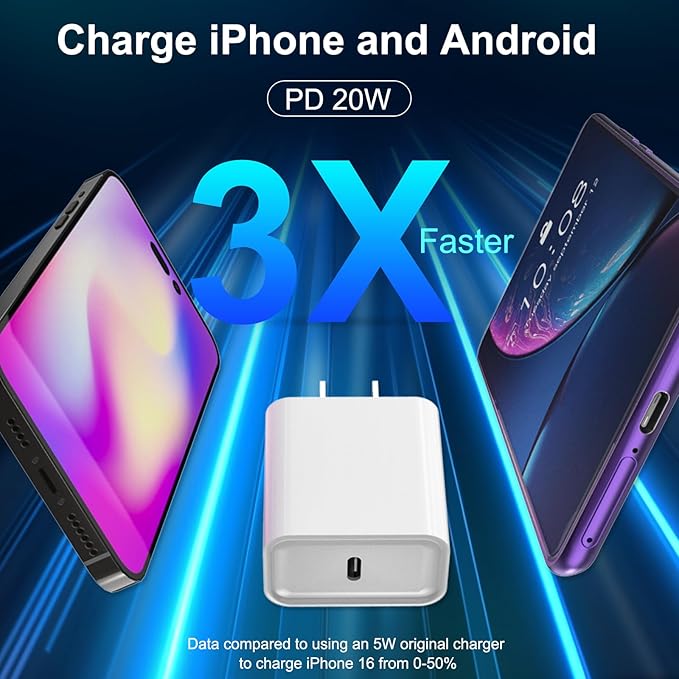iPhone 17 16 15 Charger Fast Charging, 3 Pack PD 20W USB C Charger with 10FT Cord, USB C Cable Type C Chargers Block for iPhone 17/17 Pro/17 Pro Max/16/16 Plus/16 Pro/16 Pro Max/15/15 Pro（White）