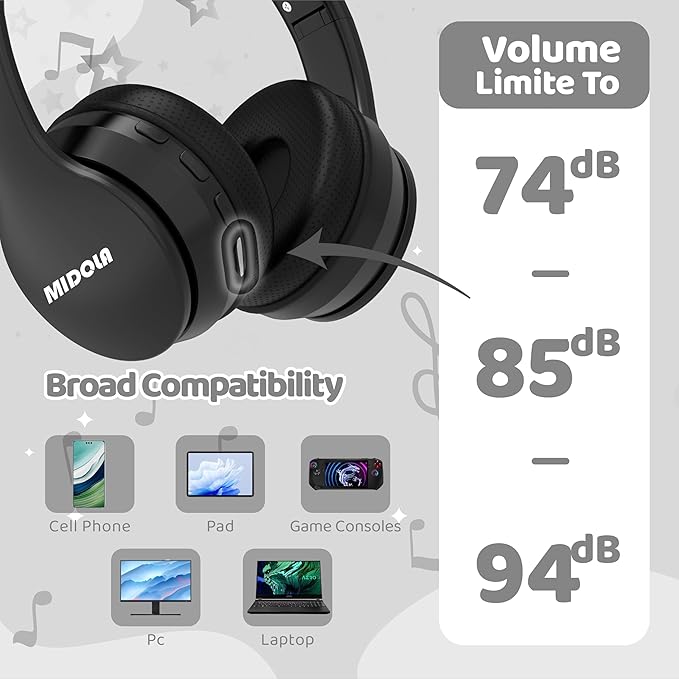 MIDOLA Kids Headphones Bluetooth 5.4 Wireless 68H Play Time Volume Limit 85/94dB Over-Ear Foldable Headset,Type-C Fast Charging,with Wired Aux Mic for Toddler Child Pad Tablet Black
