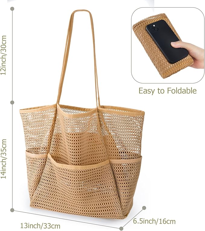 Iioscre Beach Bag for Women, Causal Hobo Pool Bags with Zipper Inner Pocket, Foldable Swim Tote Bag for Vacation Essentials