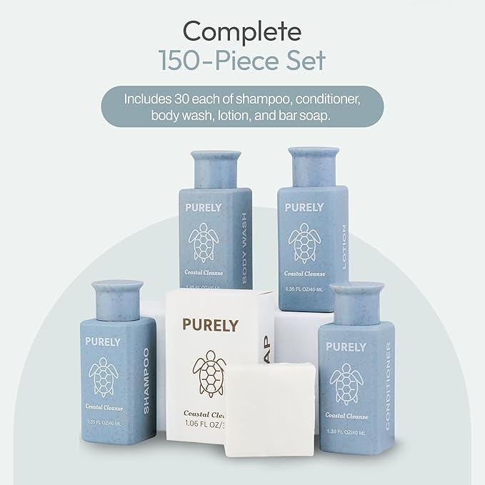 Purely | 150pc set | Hotel Soaps and Toiletries Bulk set | Airbnb Essentials for Hosts | Mini Travel Size Shampoo and Conditioner Sets | Bulk Travel Size Toiletries | Homeless Supplies Bulk