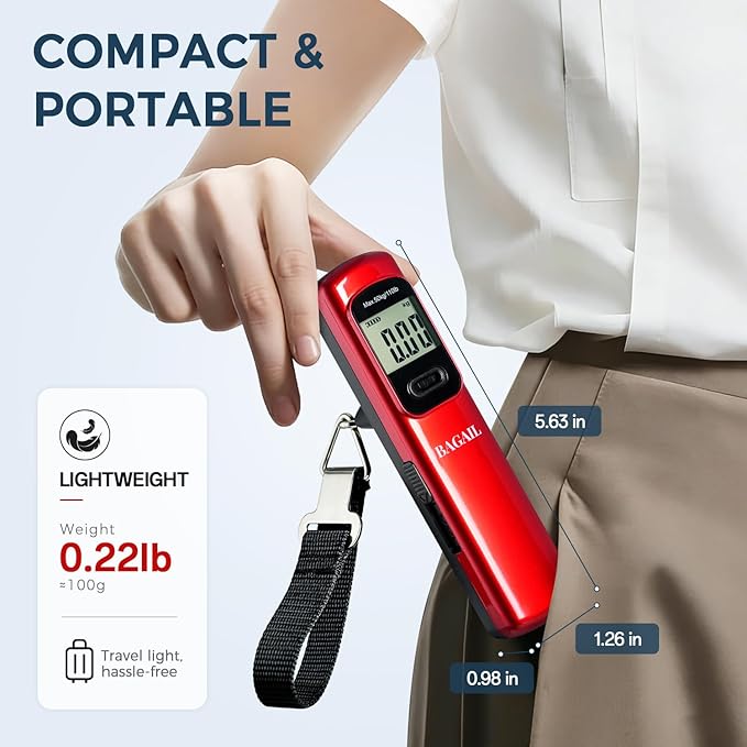 BAGAIL Digital Luggage Scale, 110lbs Hanging Baggage Scale with Backlit LCD Display, Portable Suitcase Weighing Scale, Travel Luggage Weight Scale with Hook, Strong Straps for Travelers