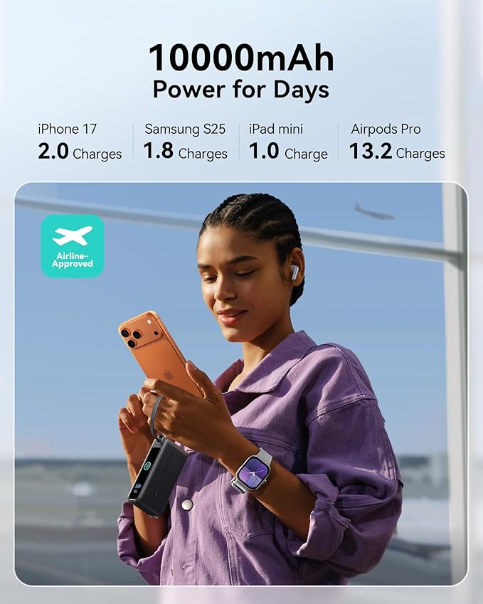 INIU Portable Charger, 10000mAh 30W Fast Charging Power Bank, Built-in USB C Cable and Foldable AC Plug, Travel Essentials Battery Pack for iPhone 16 15, Samsung S25 S24, MacBook