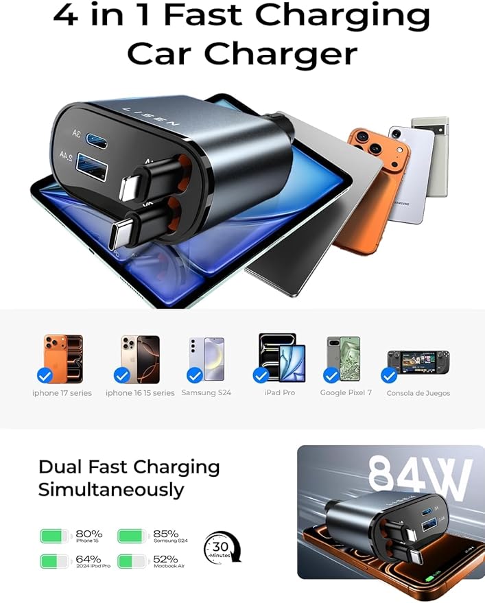 LISEN Retractable Car Charger Gift Box Edition, 84W Cars Phone Charger with Retractable Cable, Car Accessories Gifts for Men Women, 2025, USB C Fast Cars Adapter for iPhone 17 16 15 14