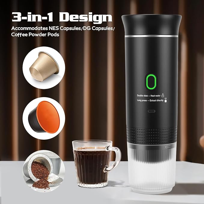 Gugxiom 3 In 1 Portable Coffee Maker, Mini Travel Camping Coffee Makers, Self-Heating Car Coffee Maker with USB-C,for Hiking Office RV